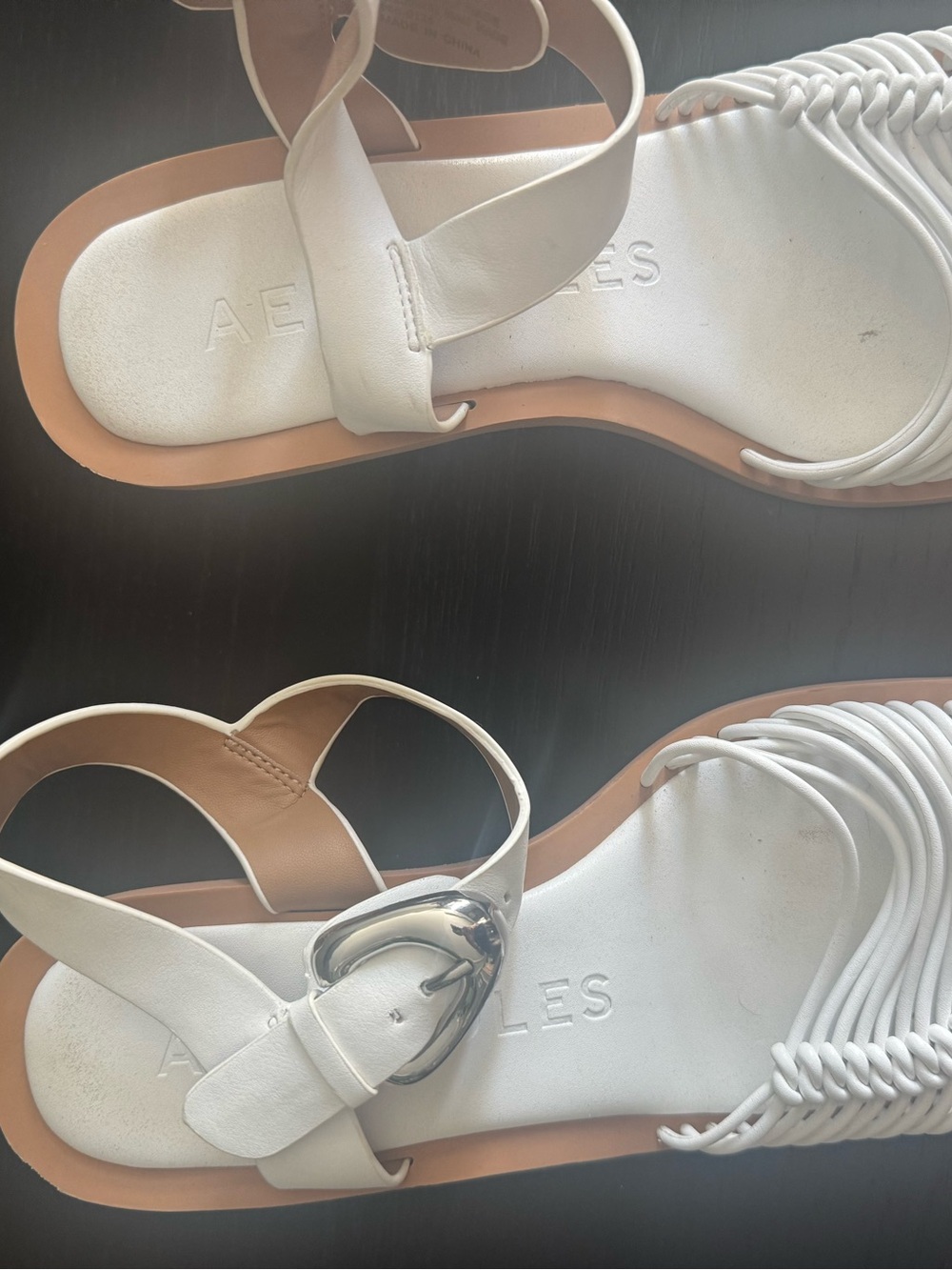 American Eagle Outfitters White Braided Leather Sandals with Silver Buckle